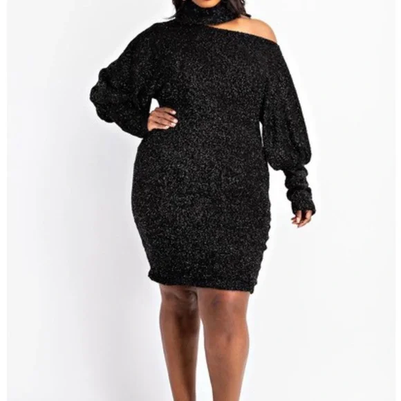 Woman's Size 3X Black Shimmer High Neck Open Shoulder Sweater Dress Fits 22W 24W - Picture 6 of 6